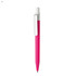 A pink plastic pen with a white clip and a black nib, featuring a logo on the body.