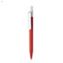 A red plastic pen with a white clip and a sleek design, featuring a branding logo.