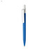 A blue plastic pen with a white clip, featuring a logo on its surface.