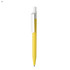 A yellow plastic pen with a white clip and a black ink nib. It features a logo on the body.
