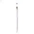 A white plastic pen with a silver clip and a spherical top featuring a colourful design. It has a branded logo.