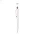 A white plastic pen with a metallic clip and a click mechanism at the top. It features a logo.