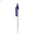 A plastic pen in white with a purple grip and a silver clip. The pen features a branding logo.