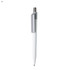 A plastic pen in white with a grey clip, featuring a branding logo on the barrel.