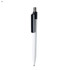 A white plastic pen with a black clip and a silver tip, featuring a logo on the barrel.
