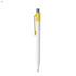 A white plastic pen with a yellow clip and top, featuring a shiny silver tip. Includes a brand logo.