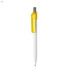 A white plastic pen with a yellow grip and a metallic clip. It features a logo on the body.
