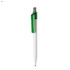 A white plastic pen with a green transparent clip and a silver tip, featuring a logo.