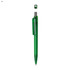 A green plastic pen with a transparent barrel and a silver clip. It features a logo at the top end.