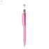 A pink plastic pen with a sleek design and a chrome clip, featuring a logo on the body.