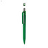 A green plastic pen with a transparent green clip and a silver nib, featuring a branding logo on the clip.