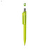 A plastic pen in vibrant neon green, featuring a transparent section and a visible logo on the clip.