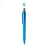 A blue plastic pen with a clip and a metal tip, featuring a removable cap. It includes a logo on the body.