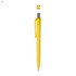 A yellow plastic pen with a shiny silver clip and a branding logo at the top.