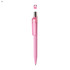 A pink plastic pen with a transparent cap and silver accents. It features a logo on the clip.