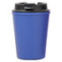 A drink bottle in blue with a black lid, designed as a reusable coffee cup. It features a branding logo.