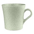 A drink cup in light green with a speckled finish, featuring a curved handle and a smooth surface.