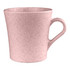 A drink cup in pink with a speckled texture and a handle, featuring a logo on the side.