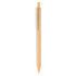 A natural-coloured pen with a clip, made from eco-friendly materials, featuring a logo on its body.