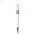 A white plastic pen featuring red and blue stripes, with a silver clip and nib. It has a logo on the body.