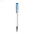 A white plastic pen with a blue top and a metallic clip. The pen has a simple design and features a logo.