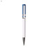 A plastic pen with a white body and a blue top. It features a silver clip and a metal tip.