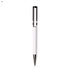 A plastic pen in white with black and silver accents, featuring a logo on the body.