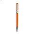 An orange plastic pen with a silver clip and decorative elements, featuring a logo on its body.