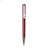 A red plastic pen with a silver clip and detailing, featuring a logo on its body.