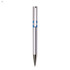 A silver plastic pen with a blue accent and a stylish cut-out design, featuring a metal nib.