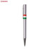 A silver metal pen featuring a green and red striped design and a clip. It also has a branding logo.