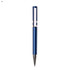 A blue plastic pen with a silver metal tip and a transparent clip, featuring a logo on its body.