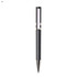A sleek black plastic pen with a silver clip and a transparent section, featuring a brand logo.
