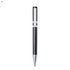 A plastic pen in black and silver, featuring a sleek design and a branding logo.