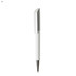 A plastic pen in white with a silver clip and a polished tip, featuring a logo.