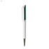 A plastic pen featuring a white barrel and a green cap, complemented by a silver tip. It has a branding logo.