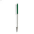 A plastic pen with a white body and a green cap, featuring a silver tip and a subtle branding logo.