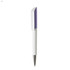 A white plastic pen with a purple top and metallic tip, featuring a logo on the side.