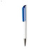 A plastic pen with a blue cap and a white barrel, featuring a silver tip and a logo.