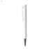 A white plastic pen with a silver trim and a clear cap, featuring a logo on its body.