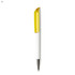 A plastic pen in white with a yellow cap and silver detailing, featuring a logo.