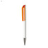 A plastic pen with an orange cap and a white barrel, featuring a metallic silver tip and a logo.