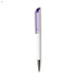 A plastic pen with a white body and a purple transparent cap, featuring a silver clip and tip.