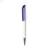 A plastic pen in white with a purple cap, featuring a silver tip and a branding logo.