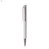 A plastic pen in white with a sleek design and a silver tip, featuring a branding logo on the barrel.