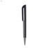 A plastic pen in black with a sleek design and a silver tip. It features a logo on the barrel.