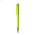 A bright lime green plastic pen with a sleek design and chrome tip, featuring a cap.