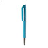 A plastic pen in a vibrant turquoise colour with a sleek design and a silver tip, featuring a logo.