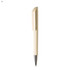 A plastic pen in a cream colour with a sleek, angular design and a silver tip, featuring a logo.