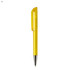 A yellow plastic pen with a transparent body and a silver tip, featuring a branding logo.